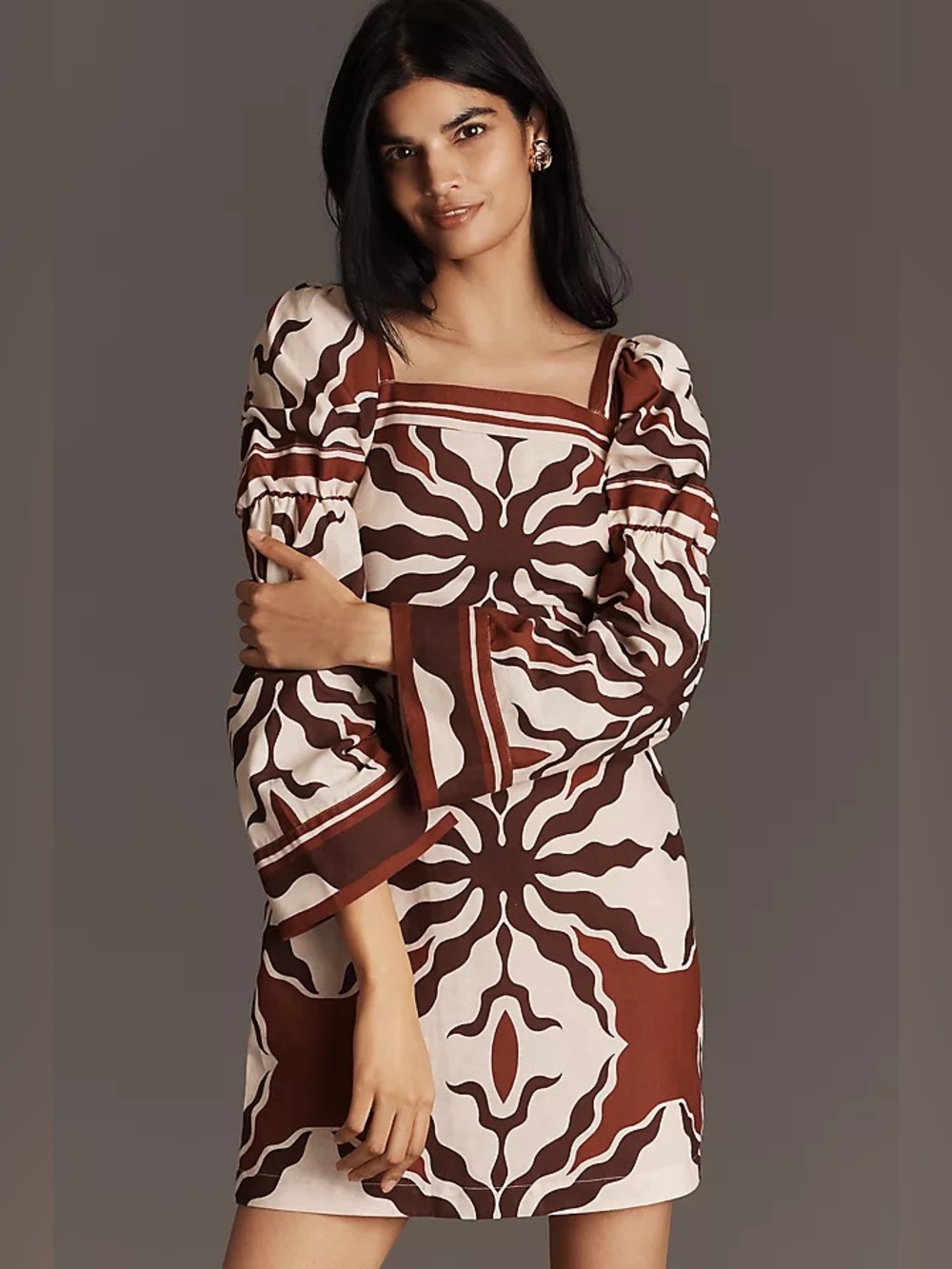 West Of. |anthropologie| martine linen blend long sleeve mini dress brown S nwt